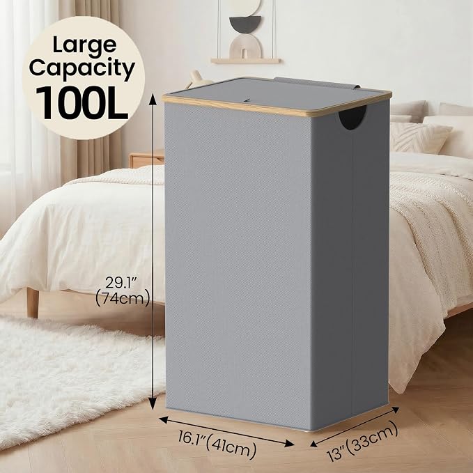 efluky Laundry Basket with Lid and Removable Bag, 100L Tall Laundry Hamper with - Image 2