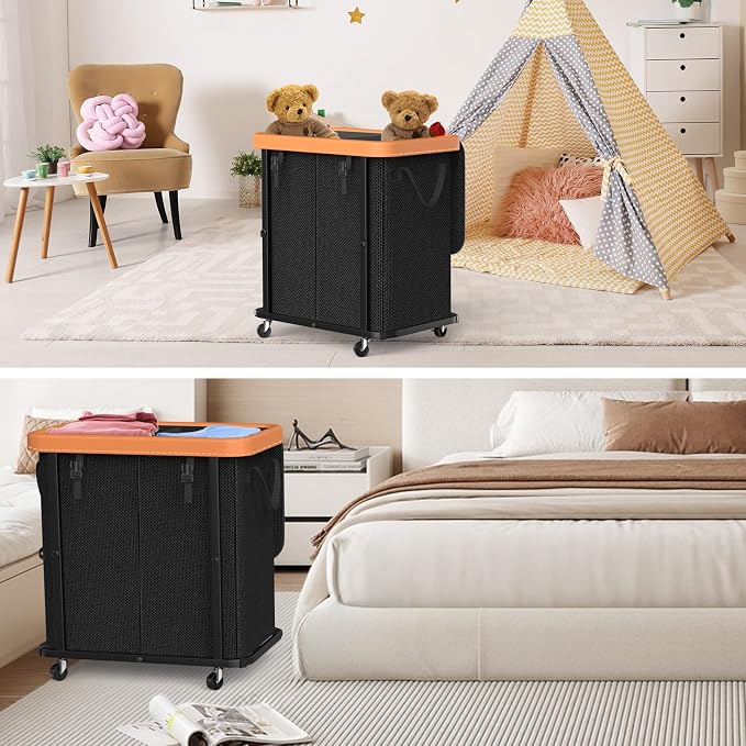 Laundry Basket with Wheels, 190L Leather Patchwork Laundry Hamper 2 Setion - Image 6