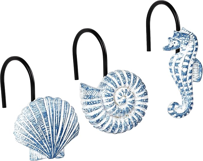 Sunlit Seashells Decorative Shower Curtain Hooks, Sky Blue Ocean Creatures by Sunlit