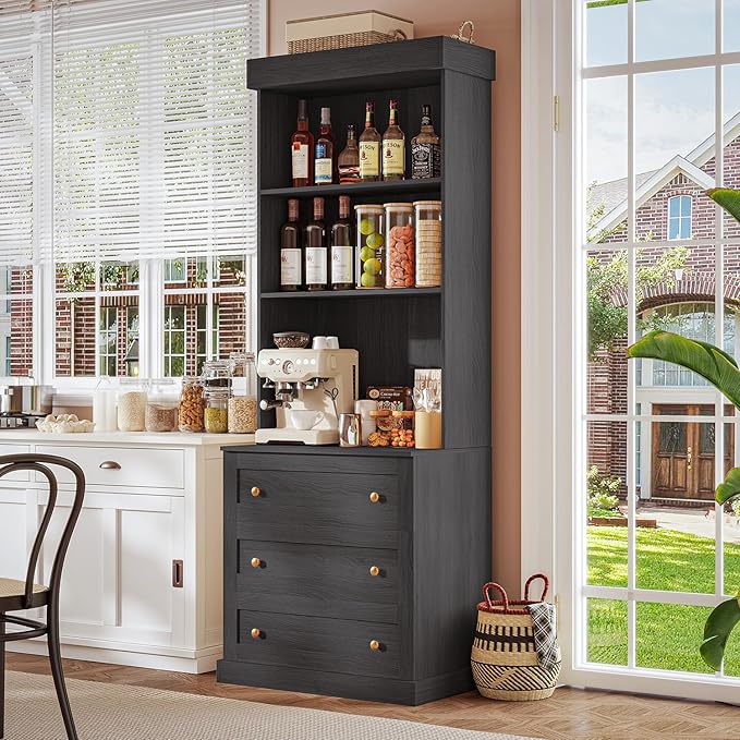 71" Tall Farmhouse Kitchen Pantry, Large Storage Cabinet with Drawers, Freestanding Coffee Bar Hutch with Microwave Stand, Adjustable Shelves for Kitchen, Living Room, Black