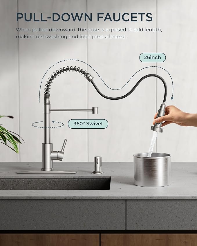 FORIOUS Kitchen Faucet Pull Down Sprayer, Classic High Arc, Brushed Nickel | - Image 2