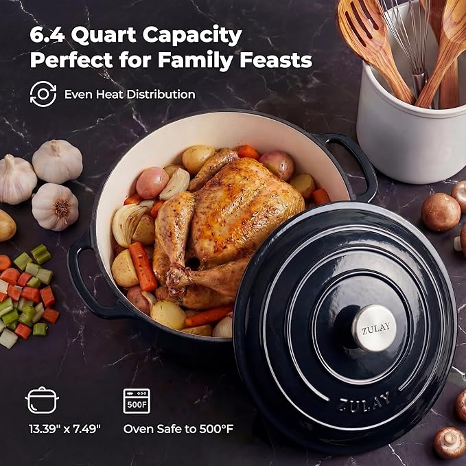 Zulay Kitchen 6 Quart Enameled Cast Iron Dutch Oven Pot with Lid – Premium Durability & Oven Safe up to 500°F – Heavy Duty Cookware Perfect for Bread Baking, Stews, Braising & Roasting – Black