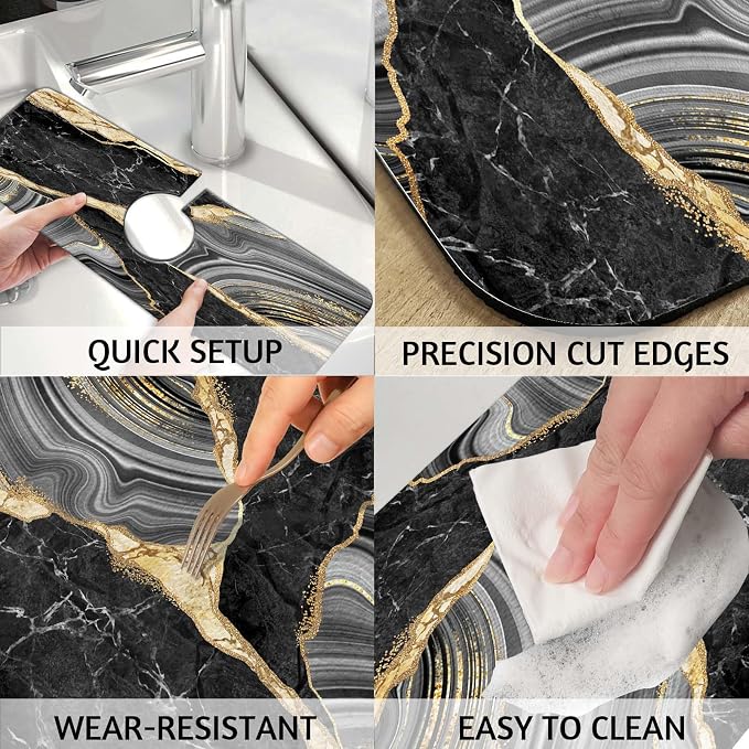 MCALK Marble Black Kitchen Sink Faucet Mat Splash Guard, Absorbent Quick-Dry - Image 4