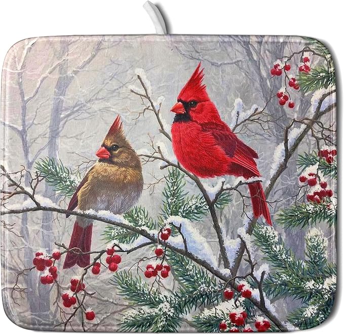 Red Bird Dish Drying Mat Merry Christmas Dishes Pad Absorbent Fast Dry Dish by Giwawa