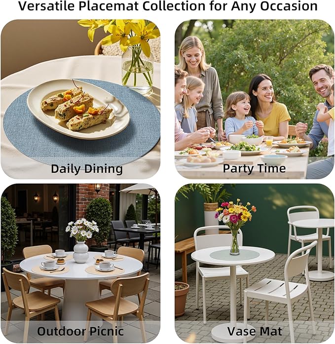 Round Wipeable Placemats Set of 4 – Faux Leather Round Table Mats, Waterproof & Washable Vinyl Placemats, Circle Design for Dining Table Decor– Taupe