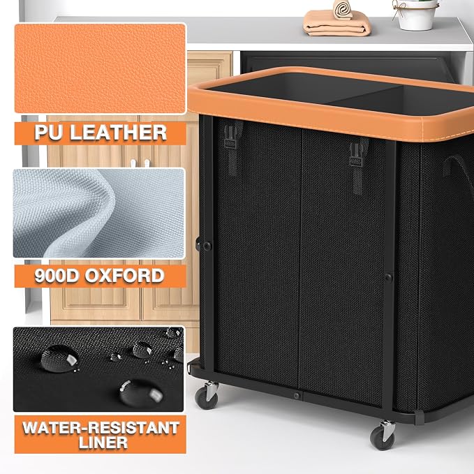Laundry Basket with Wheels, 190L Leather Patchwork Laundry Hamper 2 Setion - Image 2