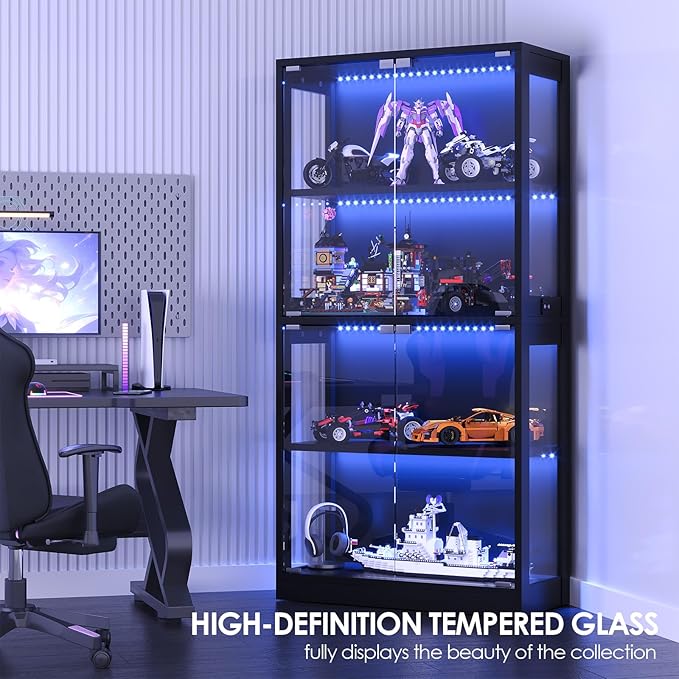 Display Cabinet with Glass Doors 4-Tier, 7 Vibrant Colors 3 Dynamic Lighting Modes, HD Glass Storage Cabinet with Human Body Sensor for Curio, Trophy, Collectibles (Black)