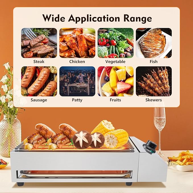 1800W 110V Countertop Electric BBQ Grill, Commercial and Home Use Stainless Steel Barbecue Griddle Adjustable Temperature 122-302℉, Portable Barbecue for Processing Pancakes, Crispy Bacon