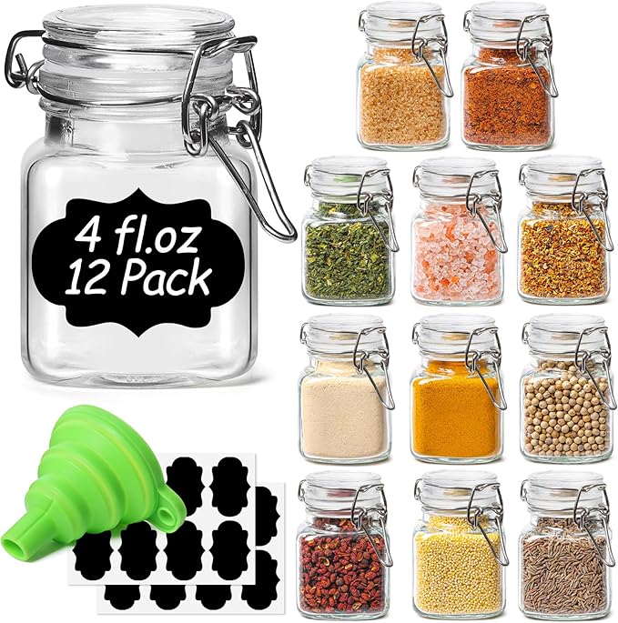 ComSaf Square Glass Spice Jars 4 oz 12 Pack by ComSaf