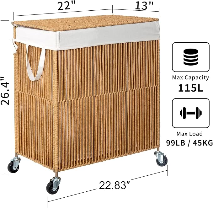 WOWLIVE Rolling Laundry Basket Wheels, Handwoven Laundry Hamper - Image 4