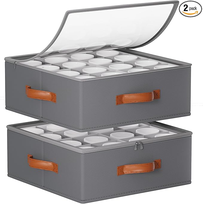 2 Pack Coffee Mug Storage Box with Dividers, Stackable China Storage Containers with Lid, Zipper, and Handles for 32 Mugs and Cups, Mug Storage Organizer for Packing & Moving, Gray