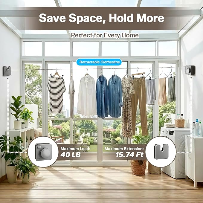 Esoes Retractable Clothesline Indoor & Outdoor, 15.74 Ft Non-Sagging Heavy-Duty - Image 8