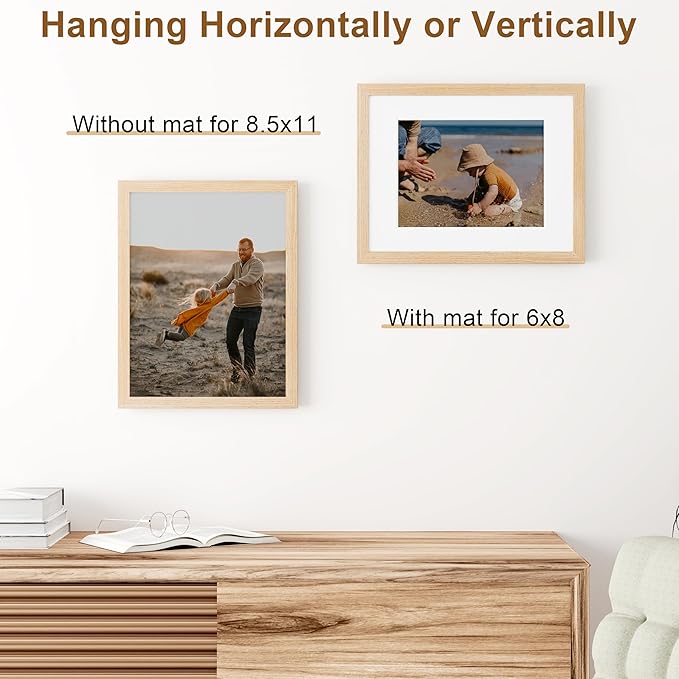 Vittanly 8.5x11 Picture Frame, Solid Wood Frame with Plexiglass, Includes 6x8 Mat, Wall Hanging or Tabletop for Photos, Home Decor, Natural, 1 Pack