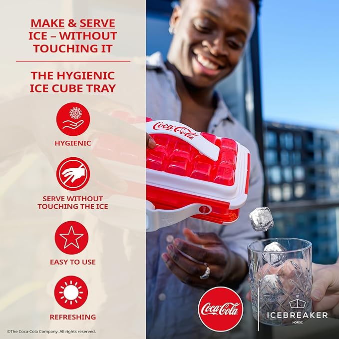 ICEBREAKER Nordic POP Ice Cube Tray With Lid and Coca-Cola® Design - NO SPILL Ice Cube Trays For Freezer - NO TOUCH Trays For Freezer With Lid - Make And Serve 18 Ice Cube Without Touching the Ice