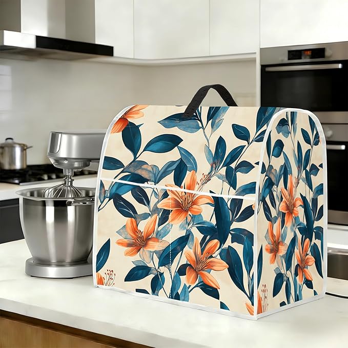 Stand mixer cover with handle and storage bag, reusable and washable, stylish retro floral design, keeps kitchen countertops clean and tidy (fits 6-8 quart mixers).
