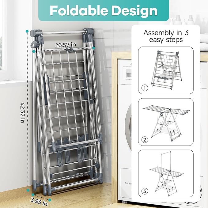 Clothes Drying Rack with High Hanger, 3-Level Drying Racks | Foldable Laundry - Image 3
