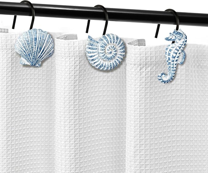 Sunlit Seashells Decorative Shower Curtain Hooks, Sky Blue Ocean Creatures - Image 4