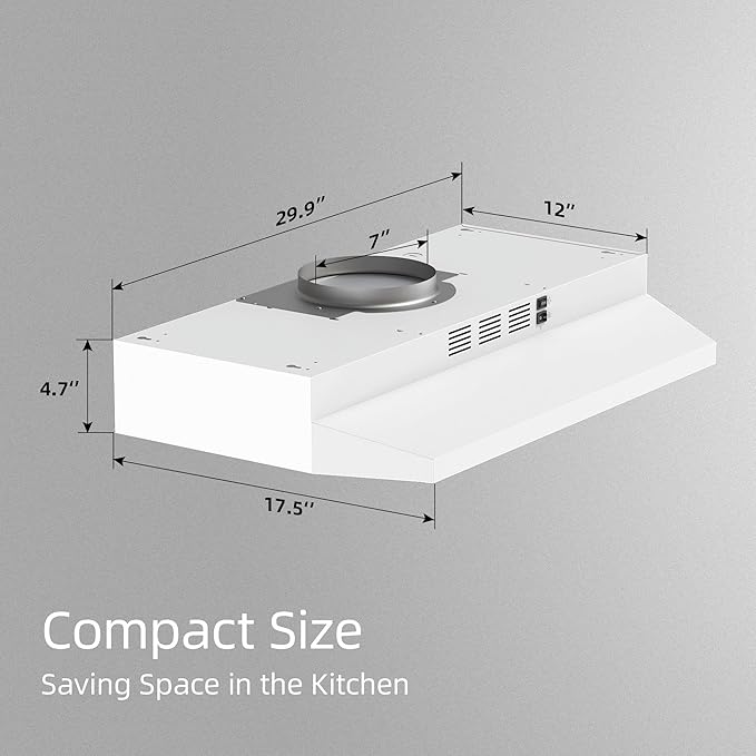 SNDOAS 30 inch Under Cabinet Range Hood, Ducted/Ductless Convertible Kitchen Hood, Stainless Steel Vent Hood with LED Light,Under Cabinet Hood with 2 Speed Exhaust Fan,White