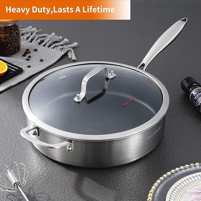 DELARLO Frying Pan,12 inch Tri-Ply Stainless Steel Skillet,6 Quart Saute Pan with lid, Compatible with All Cooktops,Oven Up to 660℉,Chicken Fryer,Dishwasher-Friendly