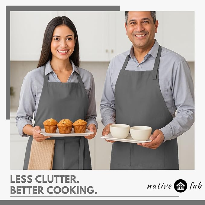 Native Fab Kitchen Apron 2 Pack - 100% Cotton Adjustable, Durable Apron with Pockets, Perfect for Cooking, Baking, Grilling