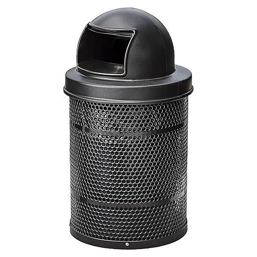 32 Gallon Perforated Recycle Container with Plastic Dome Lid, Steel Outdoor Heavy-Duty Commercial Trash Can, Black Round Waste Bin, Durable Garbage Can for Municipalities, Schools, Parks, Parking