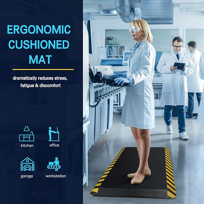 FEATOL Anti Fatigue Mat Industrial, Ergonomic Standing Floor Mat for Work for Stand -Safety Support for Leg & Back Pain(Yellow Border, 20" x 48", 2PC)