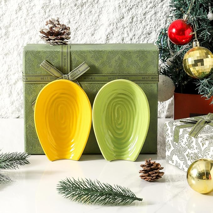 Hasense Spoon Rest for Stove Top, Ceramic Yellow and Green Spoon Holder for Kitchen Counter, Large Stable Heat-resistant Utensil Rest for Spatula Ladles Tongs, Home Kitchen Decor, 2 PCS