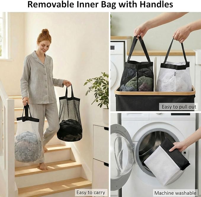 efluky Laundry Hamper with Lid, Double Laundry Basket with 2 Removable Bags - Image 4