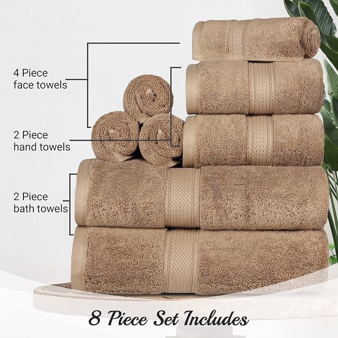 Superior Egyptian Cotton Ultra Plush & Absorbent, 8 Piece Set, Latte | Quick Dry - Image 8