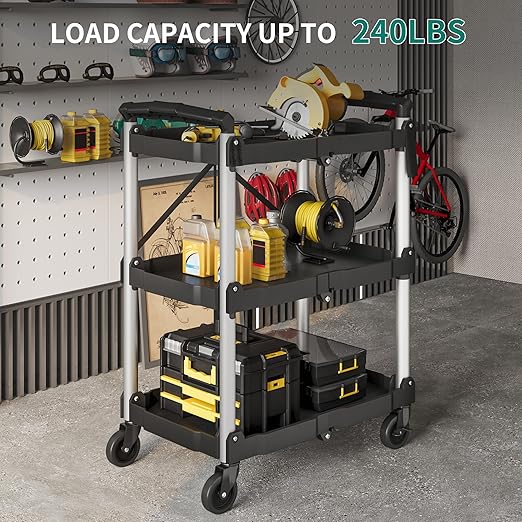 YITAHOME 240LBS Folding Utility Cart with Wheels, 3 Tier Foldable Service Cart Collapsible Rolling Cart with 360° Swivel Wheels (2 with Brakes), Portable Tool Cart for Home Garage Restaurant Office