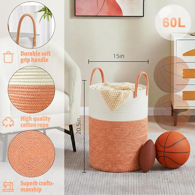 Laundry Basket, Woven Cotton Rope Laundry Hamper, 60L - Image 6