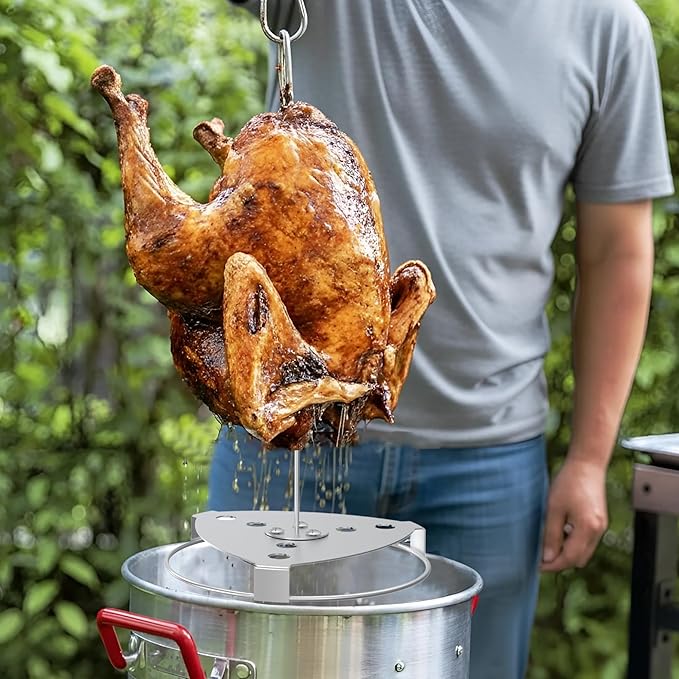 Deluxe Stainless Steel Turkey Fryer Accessories Kit – Turkey Deep Fryer Stand with Lifting Hook, Thermometer, Injector, & Heat-Resistant BBQ Gloves for Outdoor Cooking