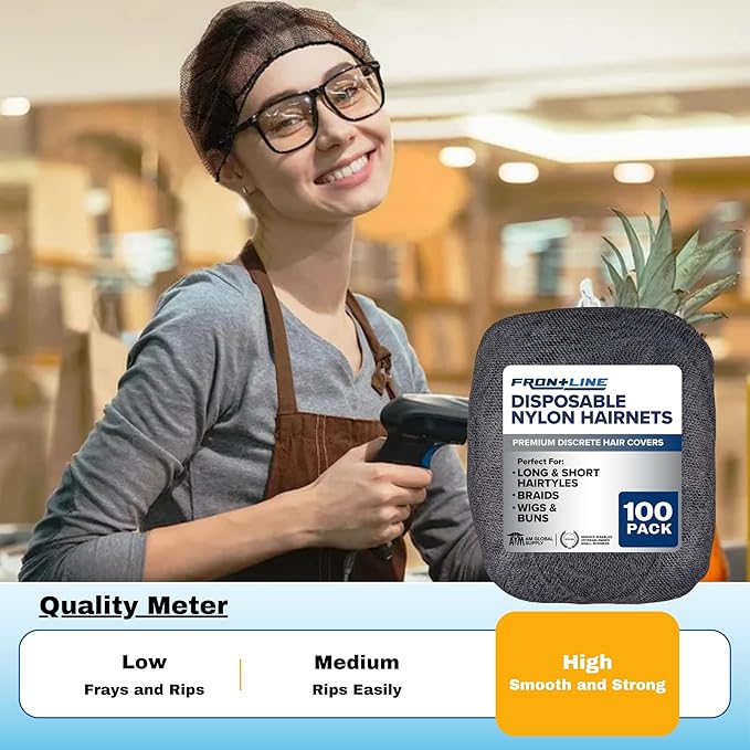 FRONTLINE Hair Nets 100 Pack Premium Invisible Nylon Mesh Hair Cover for Food Service Workers Disposable Cap Elastic Hairnet