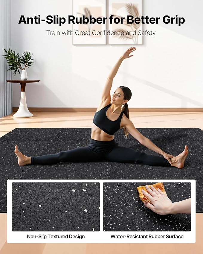 VEVOR 0.4Inch 48sq.ft 12 Tiles Gym Flooring for Home Gym, Rubber Top with High Density EVA Foam, 24 x 24In Gym Floor Exercise Equipment Mats, Interlocking Gym Mats, Puzzle Workout Mats, Black & White