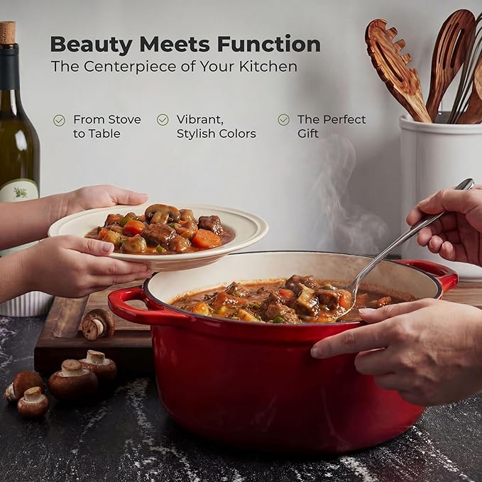 Zulay Kitchen 7.7 Quart Enameled Cast Iron Dutch Oven Pot with Lid – Premium Durability & Oven Safe up to 500°F – Heavy Duty Cookware Perfect for Bread Baking, Stews, Braising & Roasting – Red