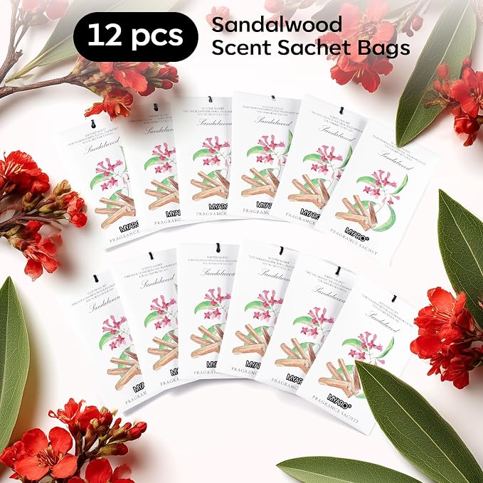 MYARO 12 Pack Sandalwood Scented Sachets, Closet Deodorizer Car Freshener - Image 4