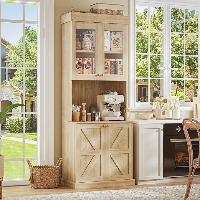 71" Tall Farmhouse Kitchen Pantry, Large Storage Cabinet with Glass Doors, Freestanding Coffee Bar Hutch with Microwave Stand, Adjustable Shelves for Kitchen, Living Room, Brown 4 Pcs