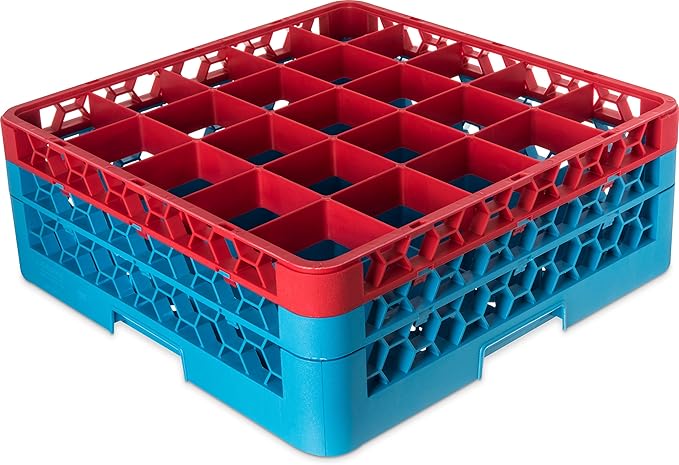 CFS RG25-2C410 OptiClean 25 Compartment Glass Rack with 2 Extenders, 7.12", Polypropylene, Red/CFS Blue