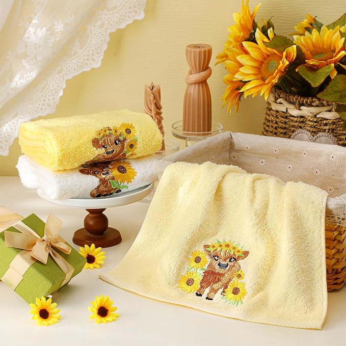 3 Pcs Sunflower Highland Cow Hand Towels Bathroom Kitchen Decor | Embroidered - Image 4