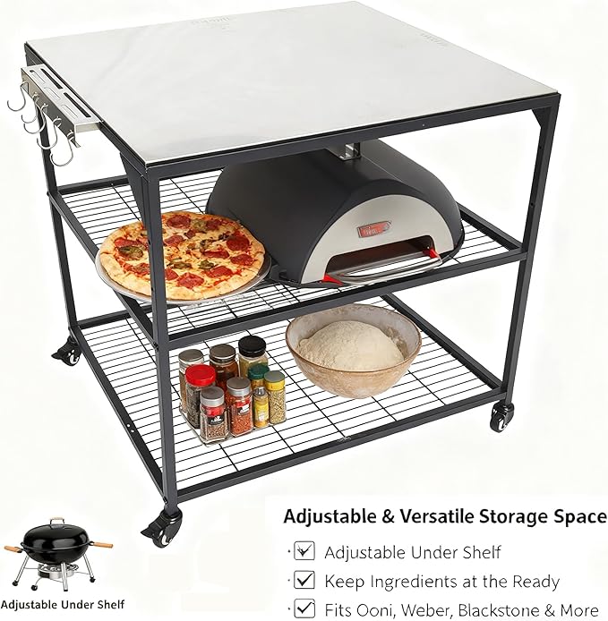 Three-Shelf Movable Stainless Steel & Steel Outdoor Dining Cart Table Pizza Oven Protable Grill and Heavy Duty Grill Cart Outdoor Table