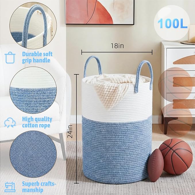 Laundry Basket, Woven Cotton Rope Laundry Hamper, 100L - Image 6