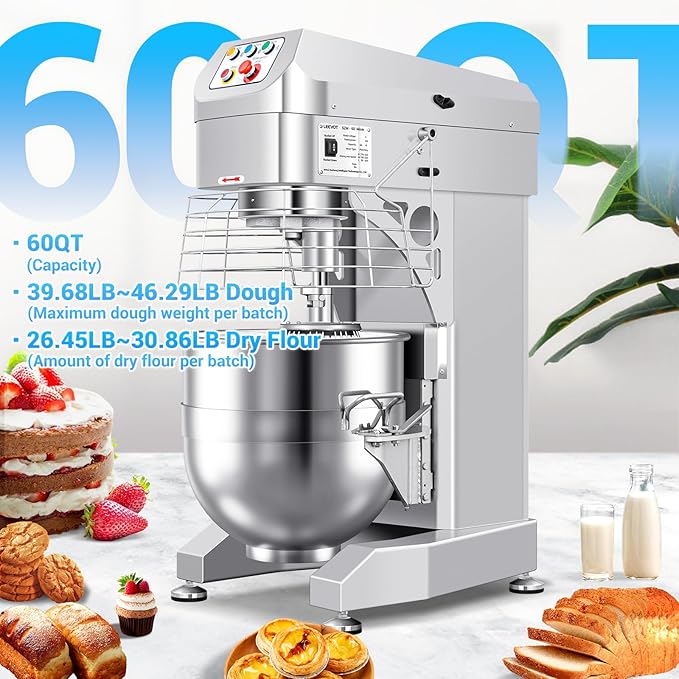 60Qt Commercial Dough Mixer by LEEVOT - 3000W Heavy Duty Electric Stand Mixer, 3 Speeds Planetary Floor Mixer with Stainless Steel Bowl, for Kitchen, Bakery, Pizzeria (230V 1-Phase)