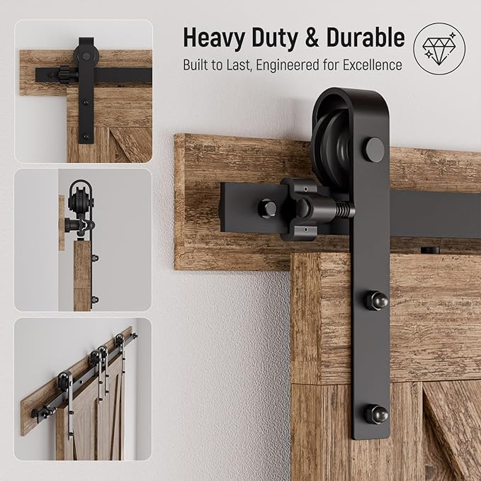 CCJH 9.6FT Sliding Barn Door Hardware Kit, Heavy Duty, Smoothly and Quietly, Easy to Install, Fit 28.8" Width Double Door Panel, Basic Style Hangers Black
