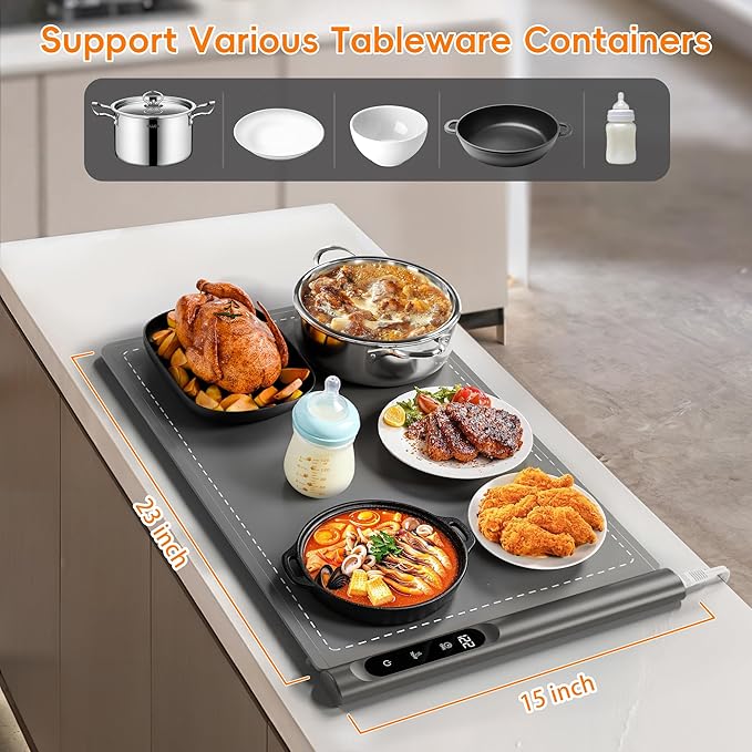 Warming Mat for Food - Graphene Rapid Heating Food Warming Mat for Countertop, Portable Electric Warming Tray for Parties with 6 Temperature Levels, Practical Gifts for Mom Wife, Gray