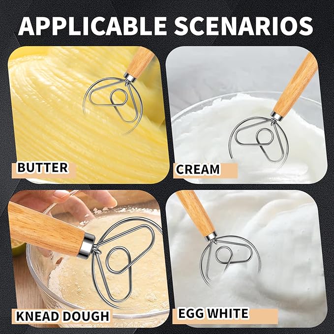 Danish Dough Whisk Stainless Steel Hook Dutch Bread Mixer for Sourdough Baking Hand Tool with Wooden Handle Making Blending Pastry Pizza Dough