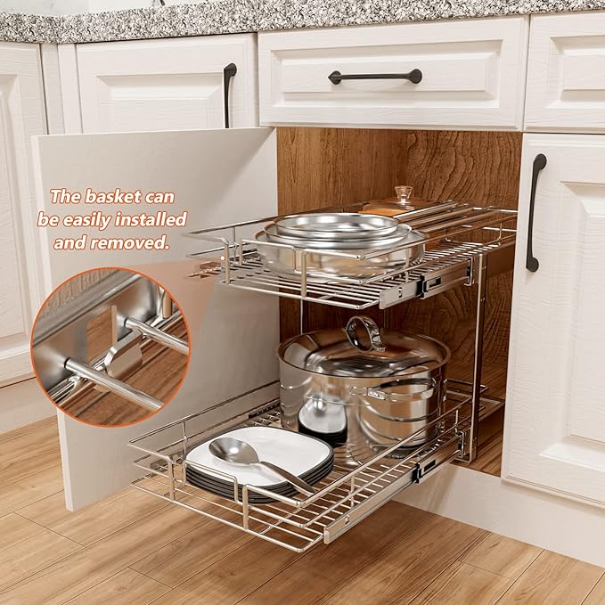 ROOMTEC Individual Pull Out Cabinet Organizer (17" W x 21" D), 2 Tier Spice Rack Organizer for Cabinet, Slide Out Drawer Pantry Shelf Organization and Storage for Kitchen Bathroom