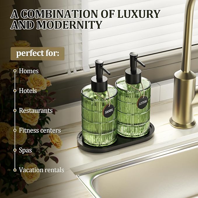 Green Glass Soap and Lotion Dispenser Set - Image 2