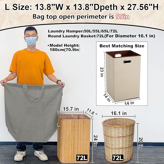 Canvas Laundry Bag with Handles & Square Base, 13.8"Wx13.8"Dx27.6"H - Image 3