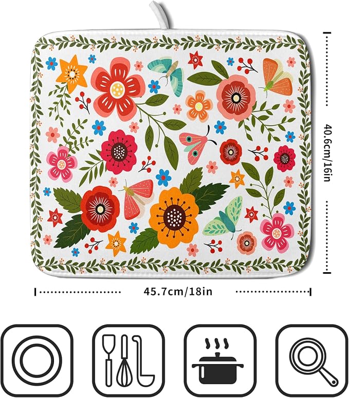 Colorful Boho Floral Dish Drying Mat 16x18 Inch Dishes Dry Pad Drainer Rack - Image 2