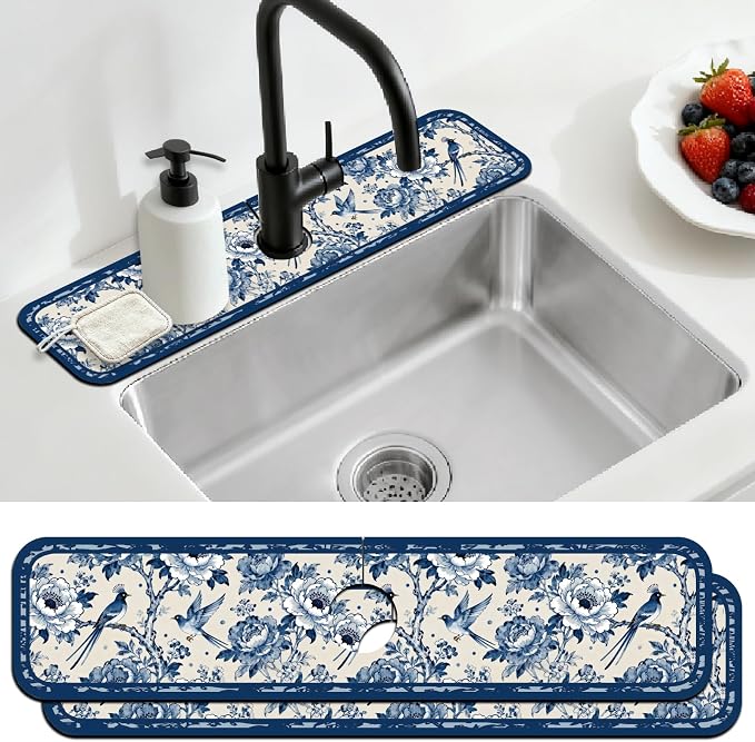 2 Pcs Kitchen Sink Splash Guard Faucet Mat Vintage Porcelain Flowers and Birds by CONCHLERY%E6%97%97%E8%88%B0%E5%BA%97